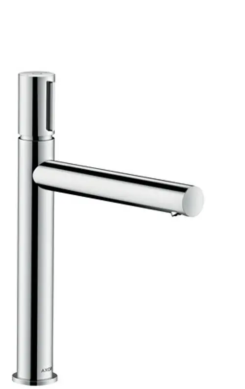 Waschtischmischer von AXOR mit glattem Chromfinish, hoher, schwenkbarer Auslauf und integrierter Ablaufgarnitur, geeignet für Aufsatzwaschtische.